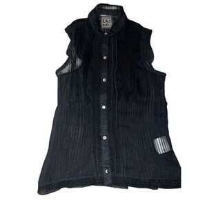 las papas top size xs black sheer Sleeveless Collar Button Gothic Emo Minimalist